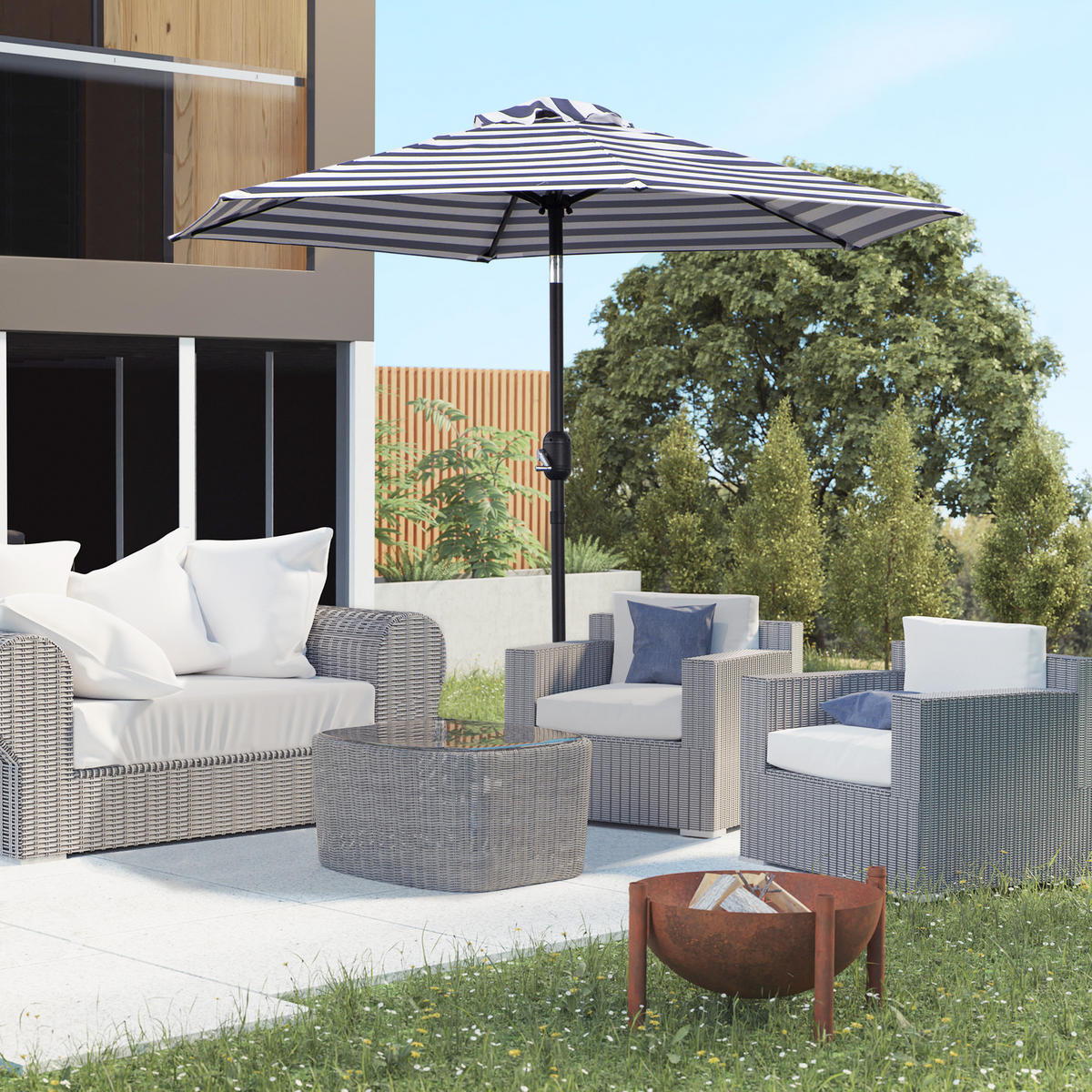 SONNENSCHIRM DE-05558 Winkel verstellbar mit Kurbel Blauer Streifen - Blau/Weiß, Textil/Metall (230/230cm) - ComfortXL