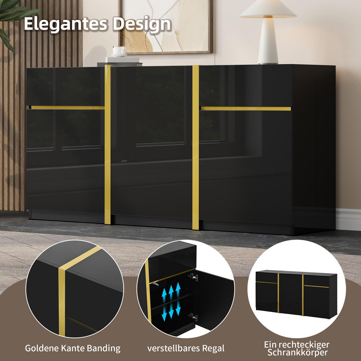 SIDEBOARD Hochglanz 3 Türen 2 Schubladen modern - Schwarz, Holzwerkstoff (40/78/160cm) - FLIEKS