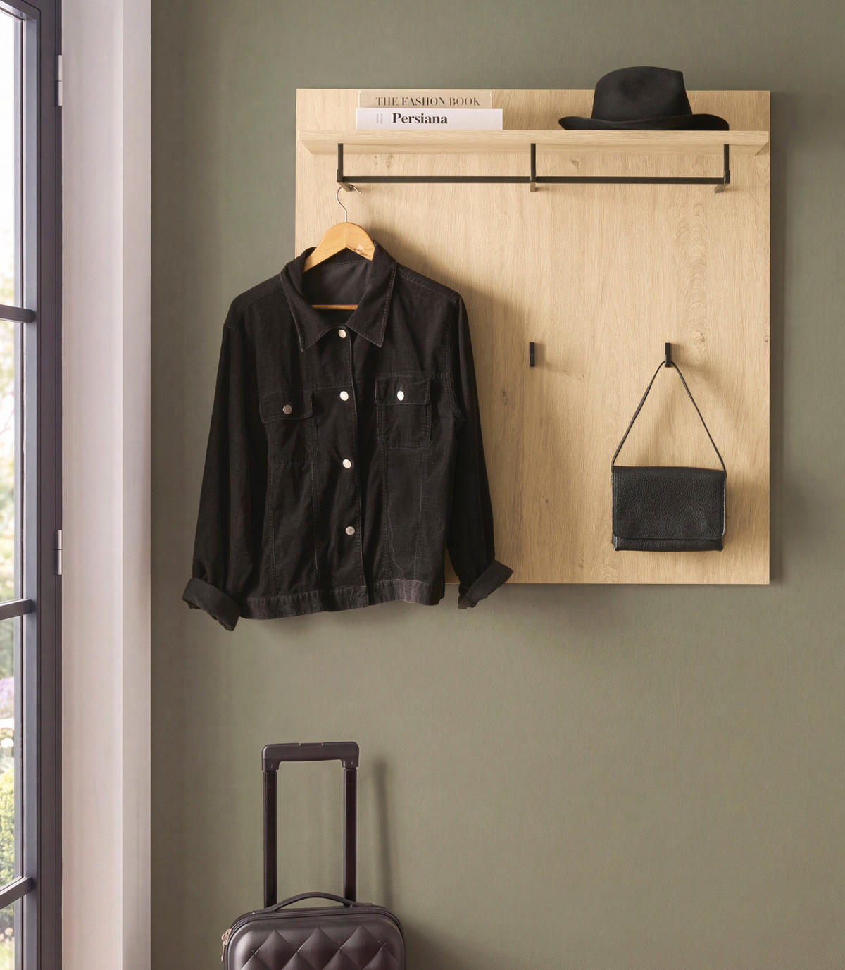 GARDEROBENPANEEL Stone Eiche 90 x 90 cm, Wandgarderobe mit Hutablage - Eichefarben/Schwarz, Holzwerkstoff/Metall (90/90/30cm) - Furn.Design