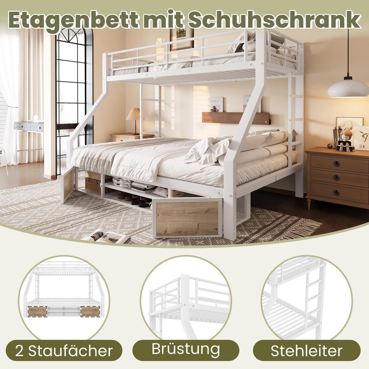 ETAGENBETT 90/200 cm 140/200 cm Weiß mit Schuhschrank, Staufächern und Leiter - Weiß, Metall (140/200cm) - MIVRAY