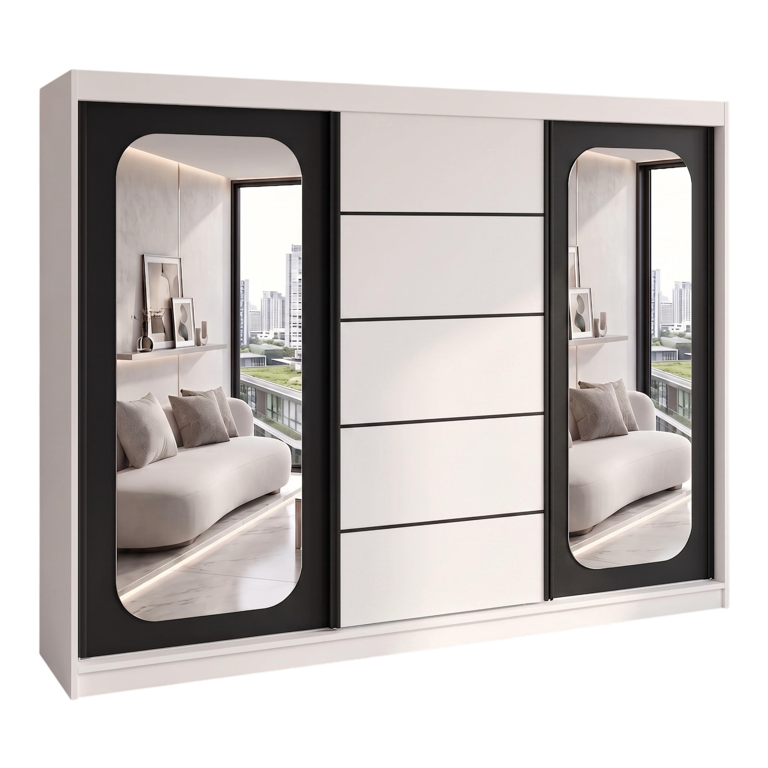 SCHWEBETÜRENSCHRANK BELANO 200 cm. Innenausstattung: Basic - Schwarz/Weiß, Holzwerkstoff (200/215/59.5cm) - A&J MöbelLand