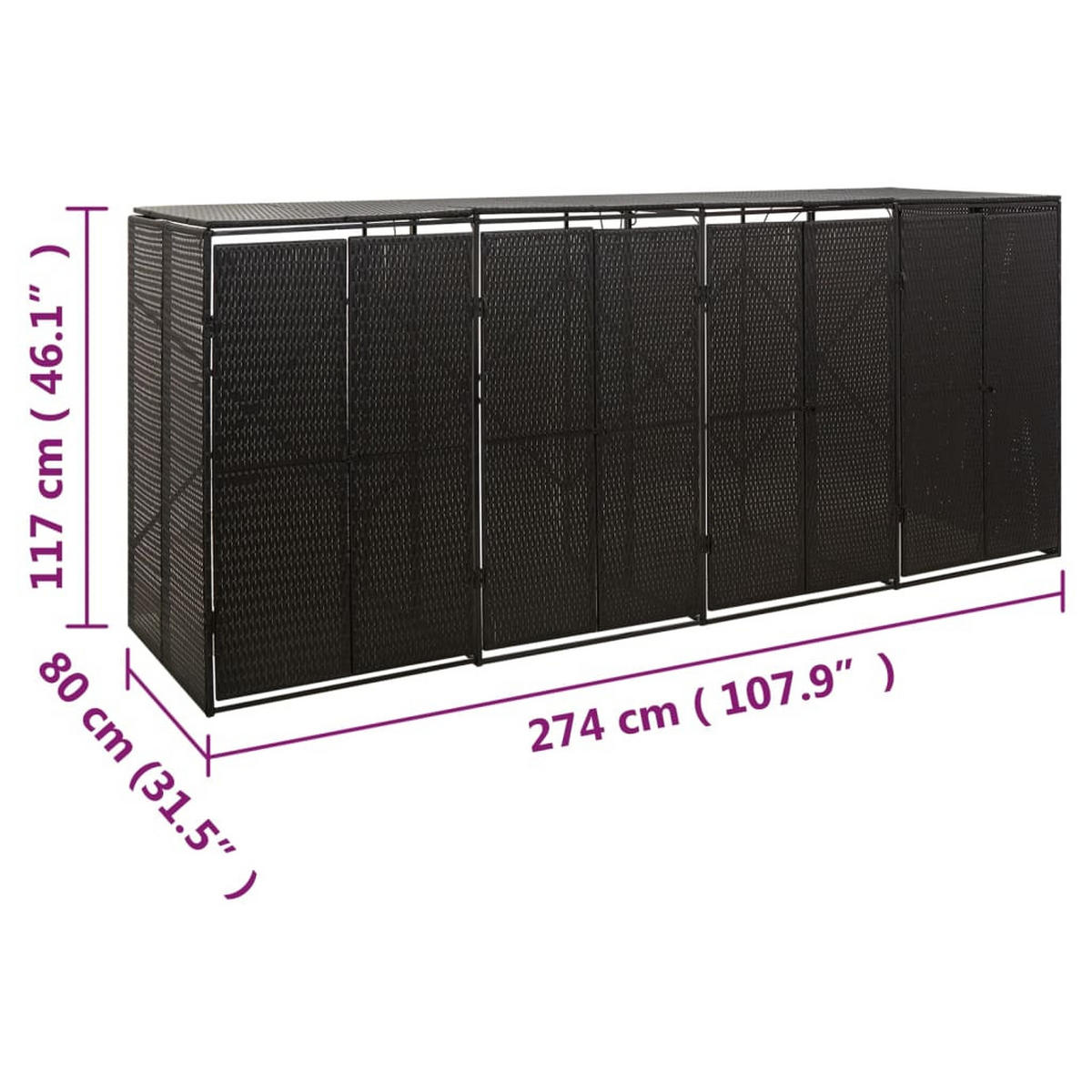 MÜLLTONNENBOX für 4 Tonnen, 274/80/117 cm, aus Poly Rattan, Schwarz - Schwarz, Kunststoff (80/117/274cm) - vidaXL