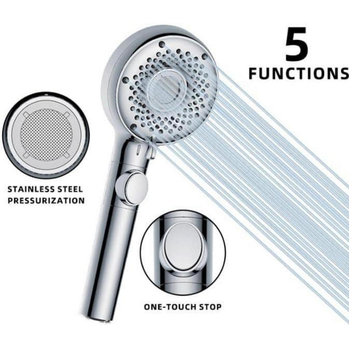 HANDBRAUSE mit 6 Strahlarten und Wasserstopp-Funktion - Silberfarben, Metall (10/12.7/21cm)