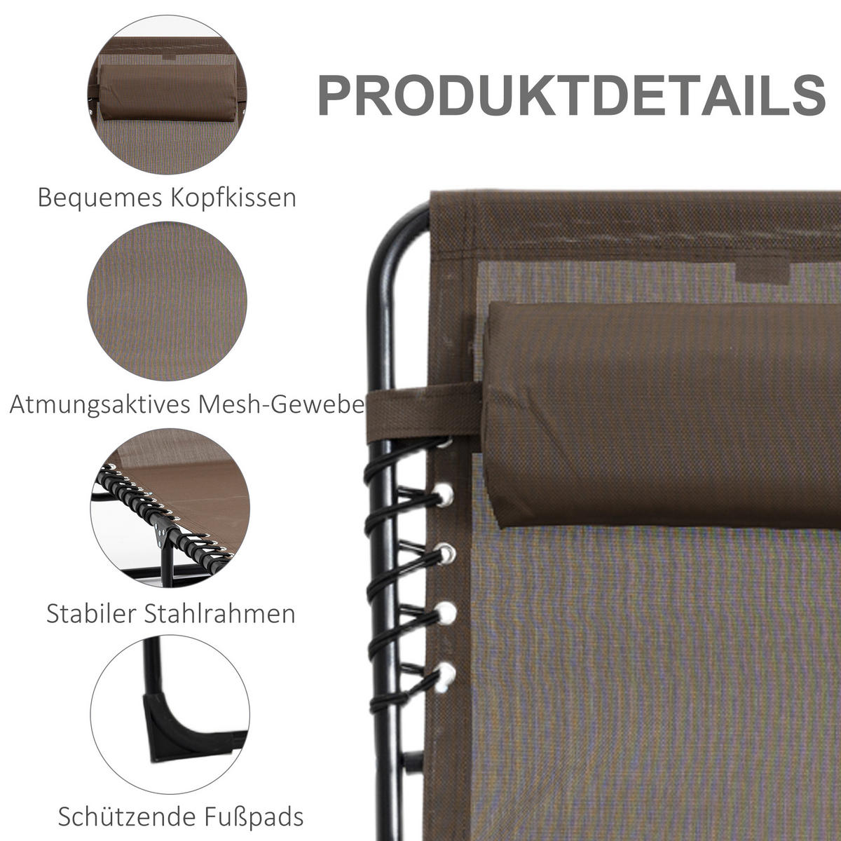 SONNENLIEGE klappbar, Netzstoffbezug, Braun - Braun, Textil (58/30/185cm) - Outsunny
