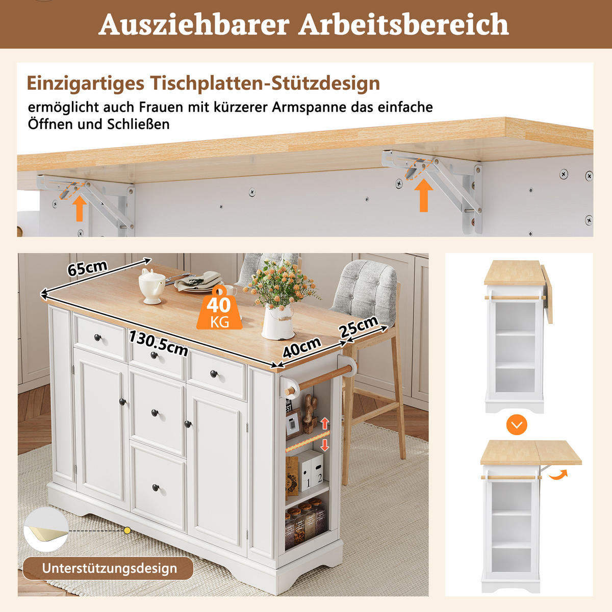 KÜCHENINSEL 130,5/40-65/92 cm weiß mit klappbarer Arbeitsplatte und Steckdosenleiste - Weiß, Holzwerkstoff (130.5/92/65cm) - OKWISH