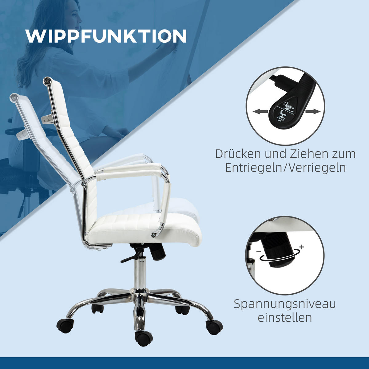 BÜROSTUHL mit Wippfunktion, Kunstleder, Weiß - Weiß, Leder (62/114/54cm) - Vinsetto