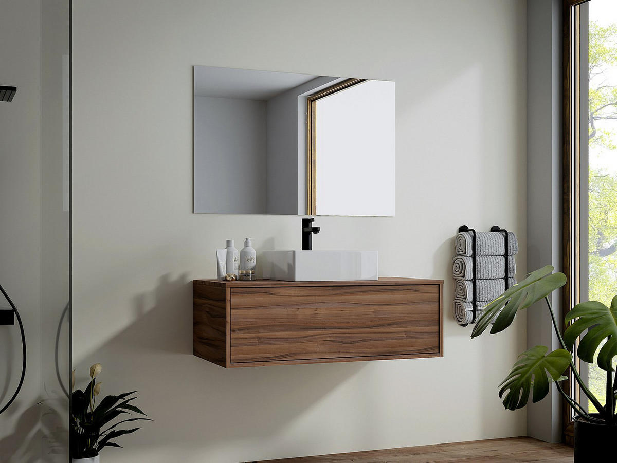 EINZELWASCHTISCH - 94 cm x 47 cm - Holz, Platte, Keramik - Naturfarben Dunkel - TEANA - Naturfarben, Keramik/Holz (94/32/47cm) - Vente-Unique