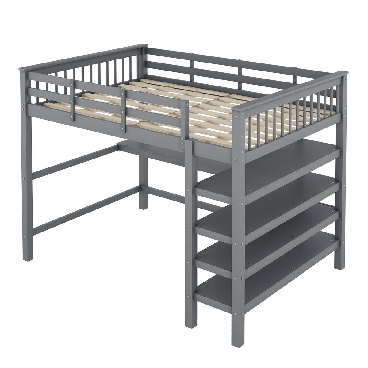 HOCHBETT mit Schreibtisch und Regalen 140x200 cm Kiefernholz Grau - Grau, Holzwerkstoff (140/200cm) - Beauniv