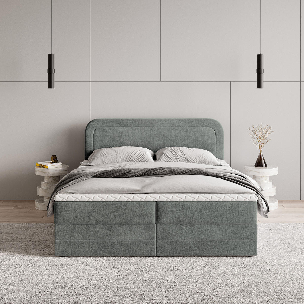 BOXBETT ARMEL 160x200 cm mit Matratze und Topper - Grau - Grau, Holz (160/200cm) - MASSENO