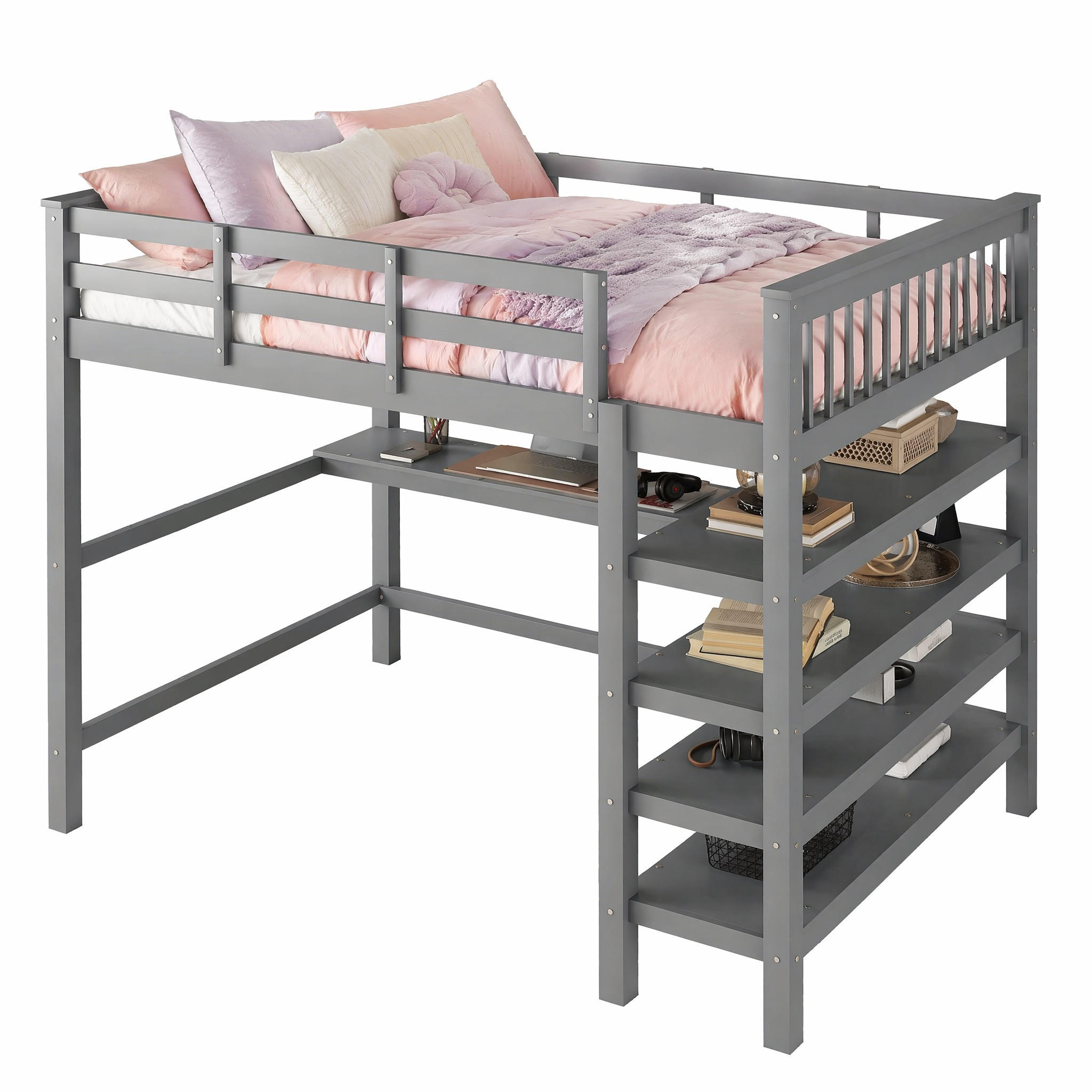 HOCHBETT 140/200 cm in Grau mit Schreibtisch und Ablagefächern aus Kiefernholz und MDF im minimalistischen Design - Grau, Holz (140/200cm) - STILVORA