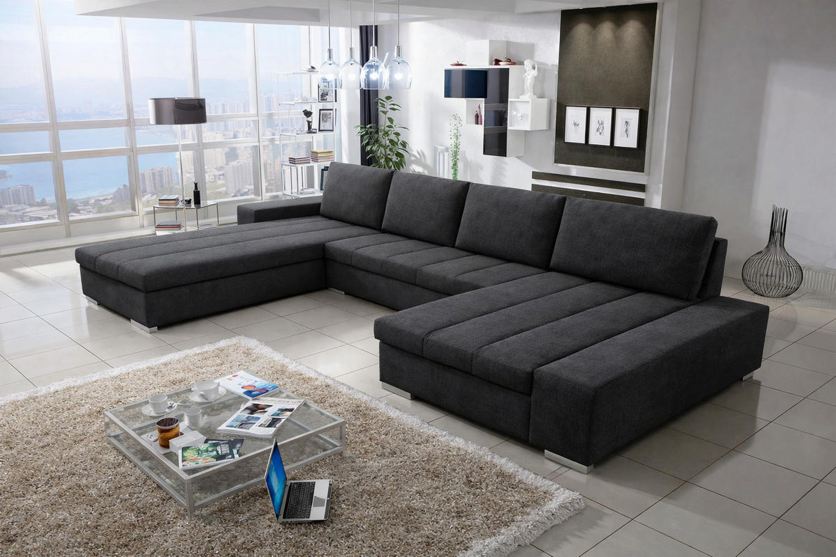 WOHNLANDSCHAFT VERONA U-Form mit Schlaffunktion, Bettkasten und Wellenfederung – Großzügiges Ecksofa 387 cm - Anthrazit, Kunststoff (387/85/213cm) - Wohnideebilder