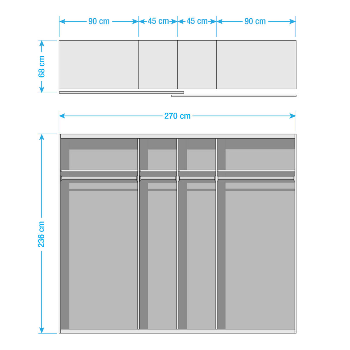 SCHWEBETÜRENSCHRANK - Weiß Hochglanz/Grau, Holzwerkstoff (270/236/68cm) - home24