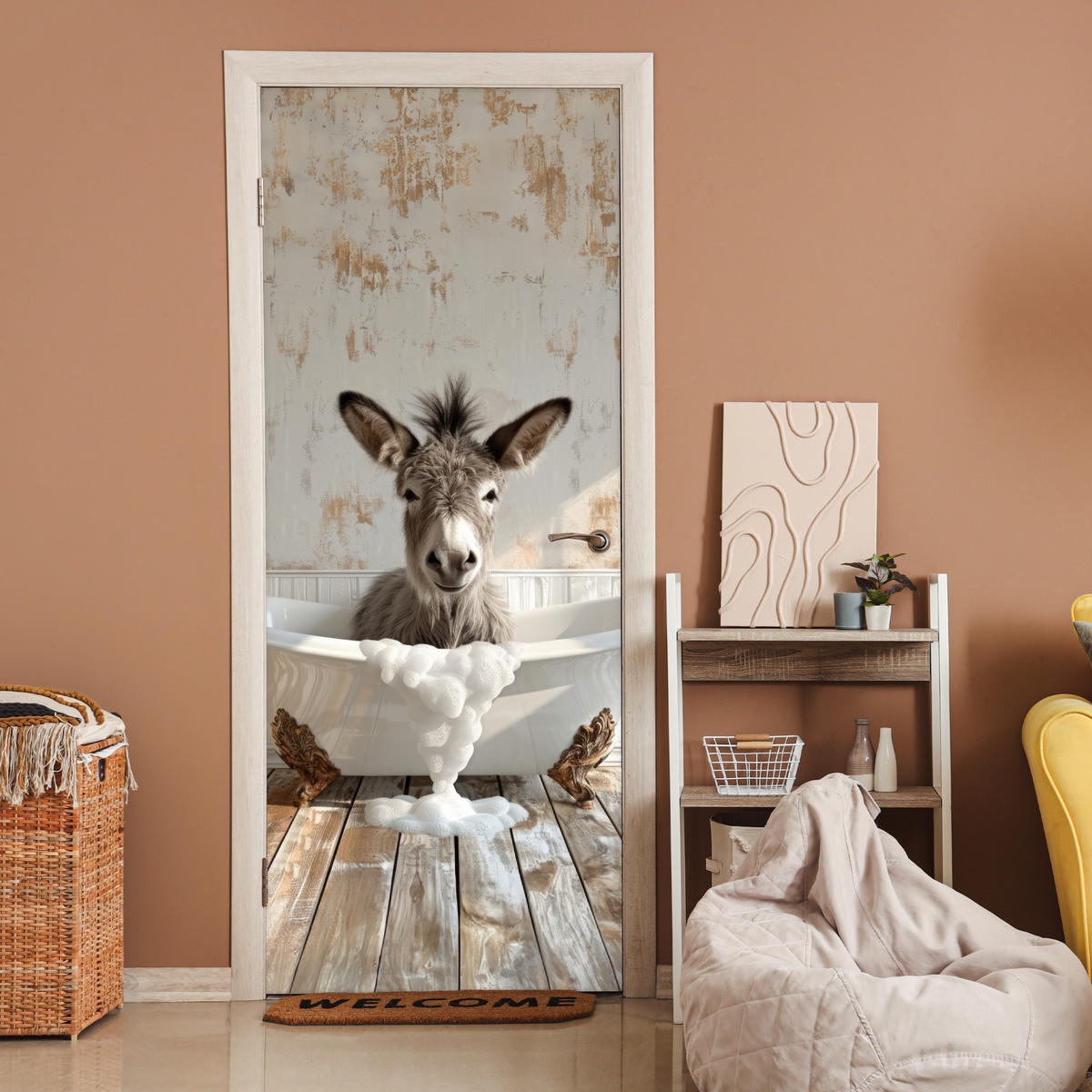 NÁLEPKA NA DVERE Osol - Zviera - Vintage - Vaňa 80x215 cm - farba duba, plast (80/0.1cm) - MuchoWow