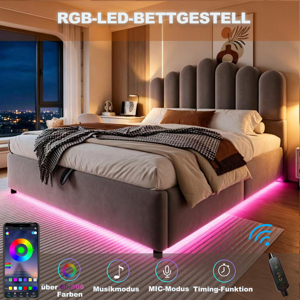 POLSTERBETT 140/200 cm in Grau mit Bettkasten, LED und stabilem Lattenrost aus Samt - Grau, Holzwerkstoff/Textil (140/200cm) - STILVORA