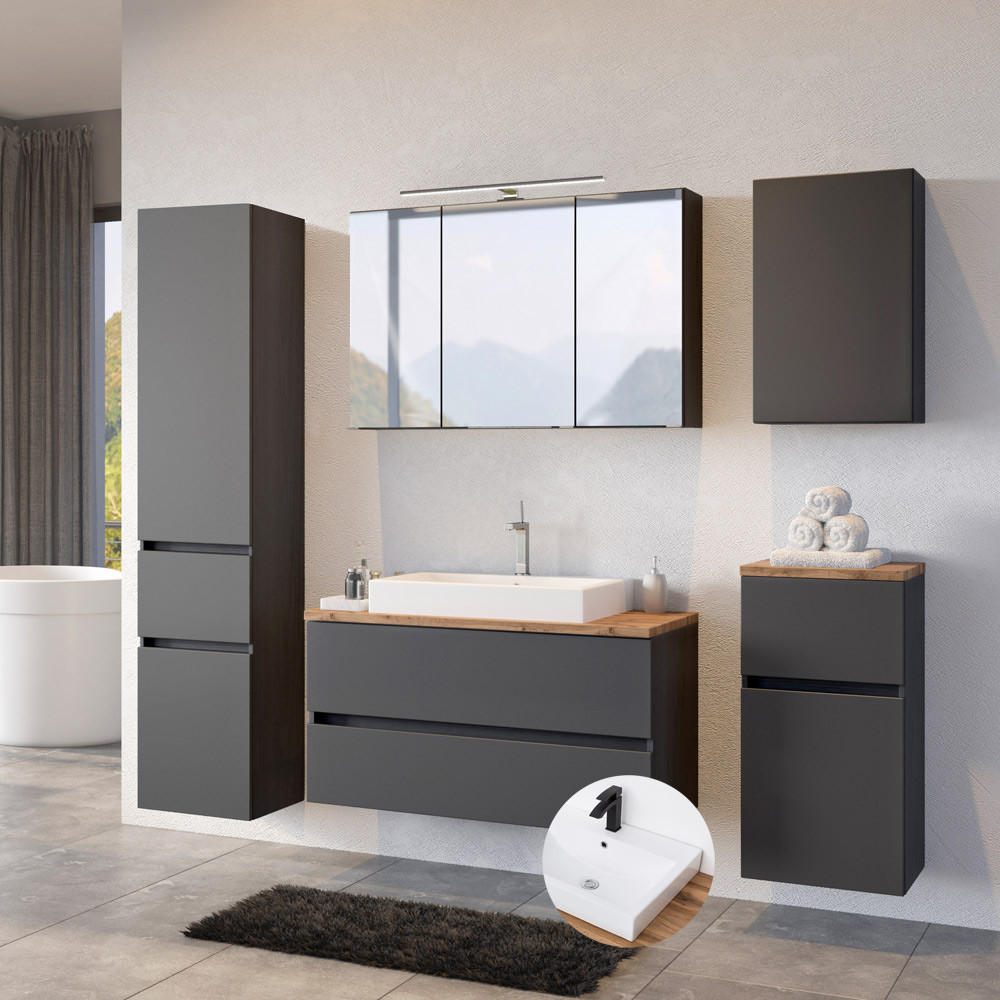 BADMÖBEL-SET 5-TLG. Pesaro-03 - Grau, Holzwerkstoff (220/200/48cm) - Lomado