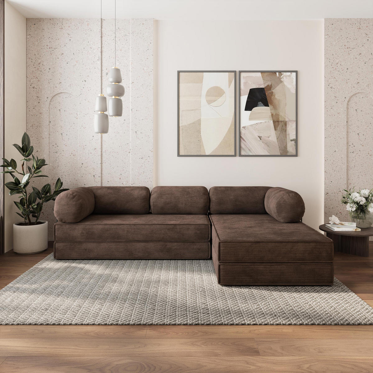 ROHOVÁ SEDAČKA ETERA modulární Boneless pohovka s funkcí spaní, hnědá POSO 06 - hnědá, textil (270/160cm) - MASSENO