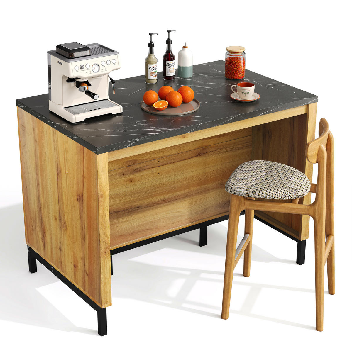 KÜCHENINSEL 120/75/90 cm mit 2 Schubladen, 4 offenen Regalen, Barbereich und MDF-Arbeitsplatte, Schwarz/Natur - Naturfarben, Holzwerkstoff (75/90/120cm) - Redom