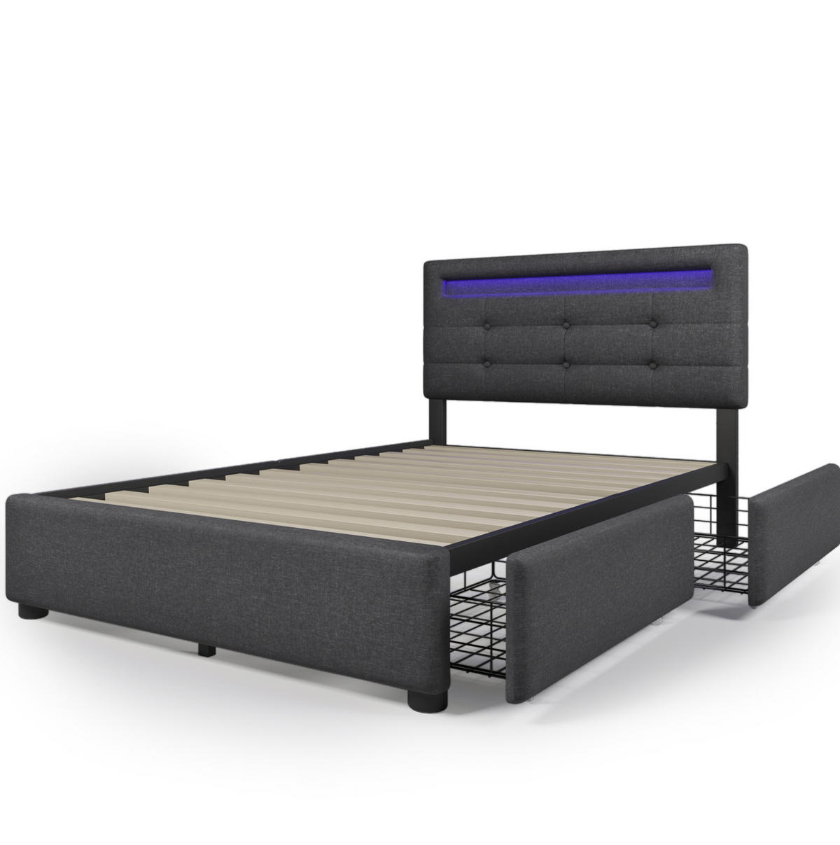 POLSTERBETT 90/200 cm mit Matratze LED-Beleuchtung, 2 Schubladen, verstellbarem Kopfteil und Federkernmatratze, Grau - Grau, Textil (90/90cm) - Redom