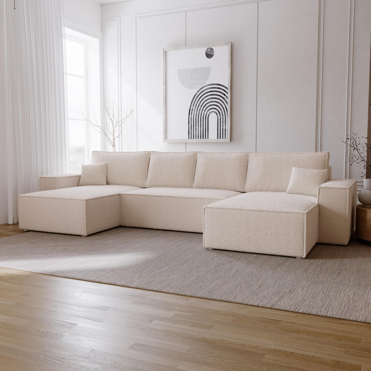 ECKCOUCH Bergamo U Bouclé mit Schlaffunktion, 380 cm, Beige - Beige, Holz (377/189cm) - Emporius