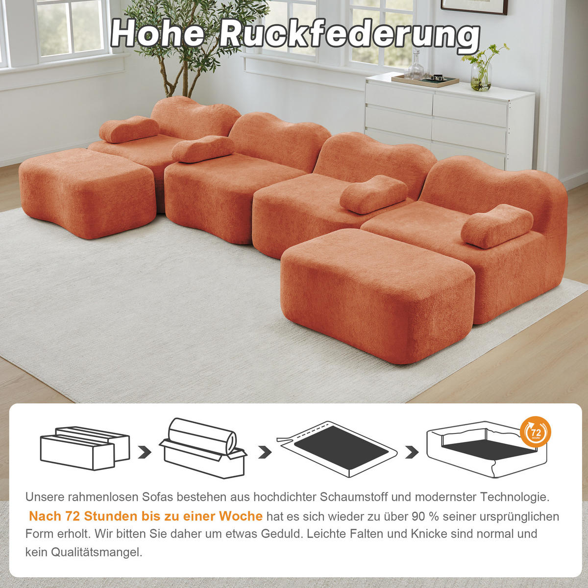 WOHNLANDSCHAFT 384/167/70 cm in Orange aus Samt mit modularen Elementen - Orange, Textil (167/70/384cm) - Flora Grace