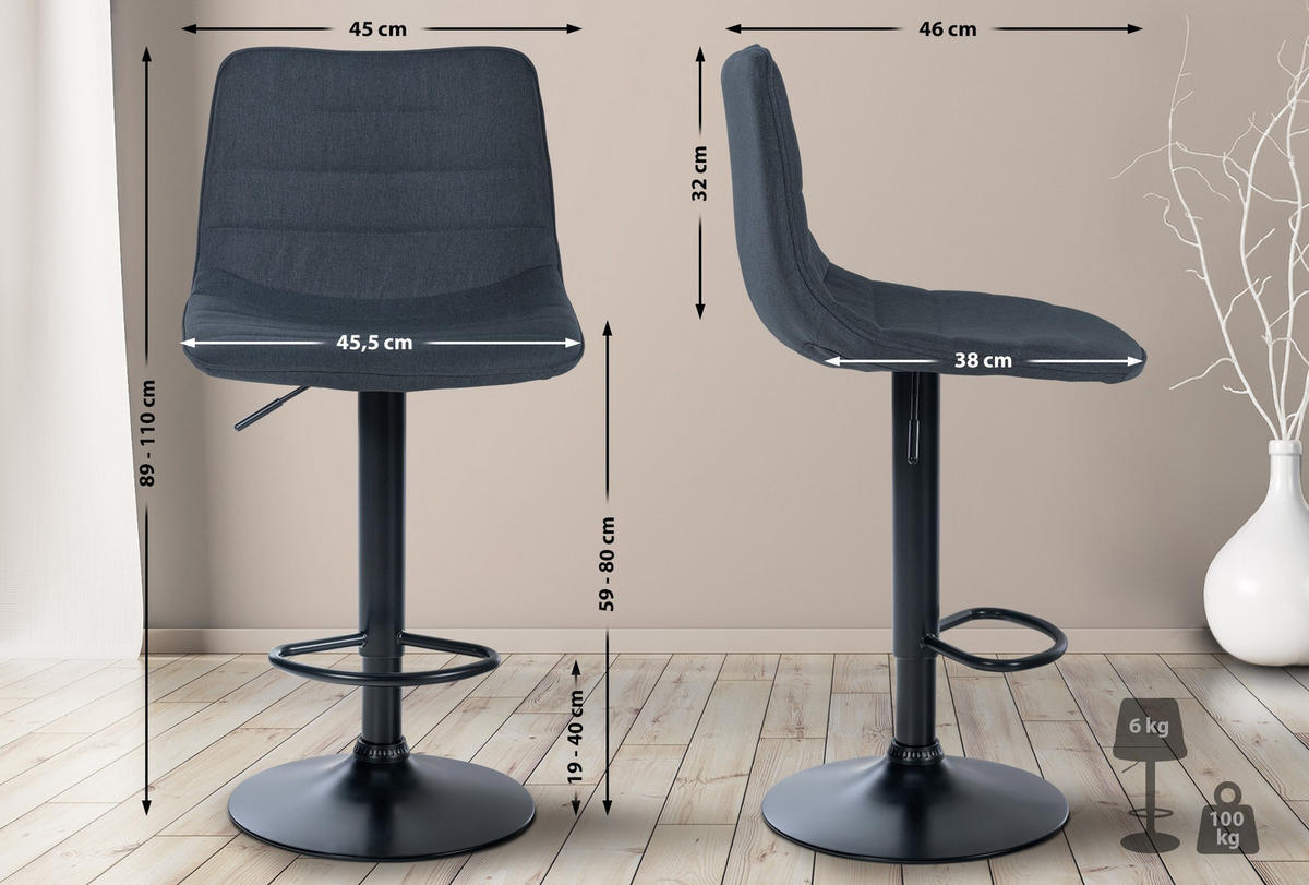 BARHOCKER Stoff dunkelgrau - Dunkelgrau/Schwarz, Textil/Metall (45/89/46cm) - CLP