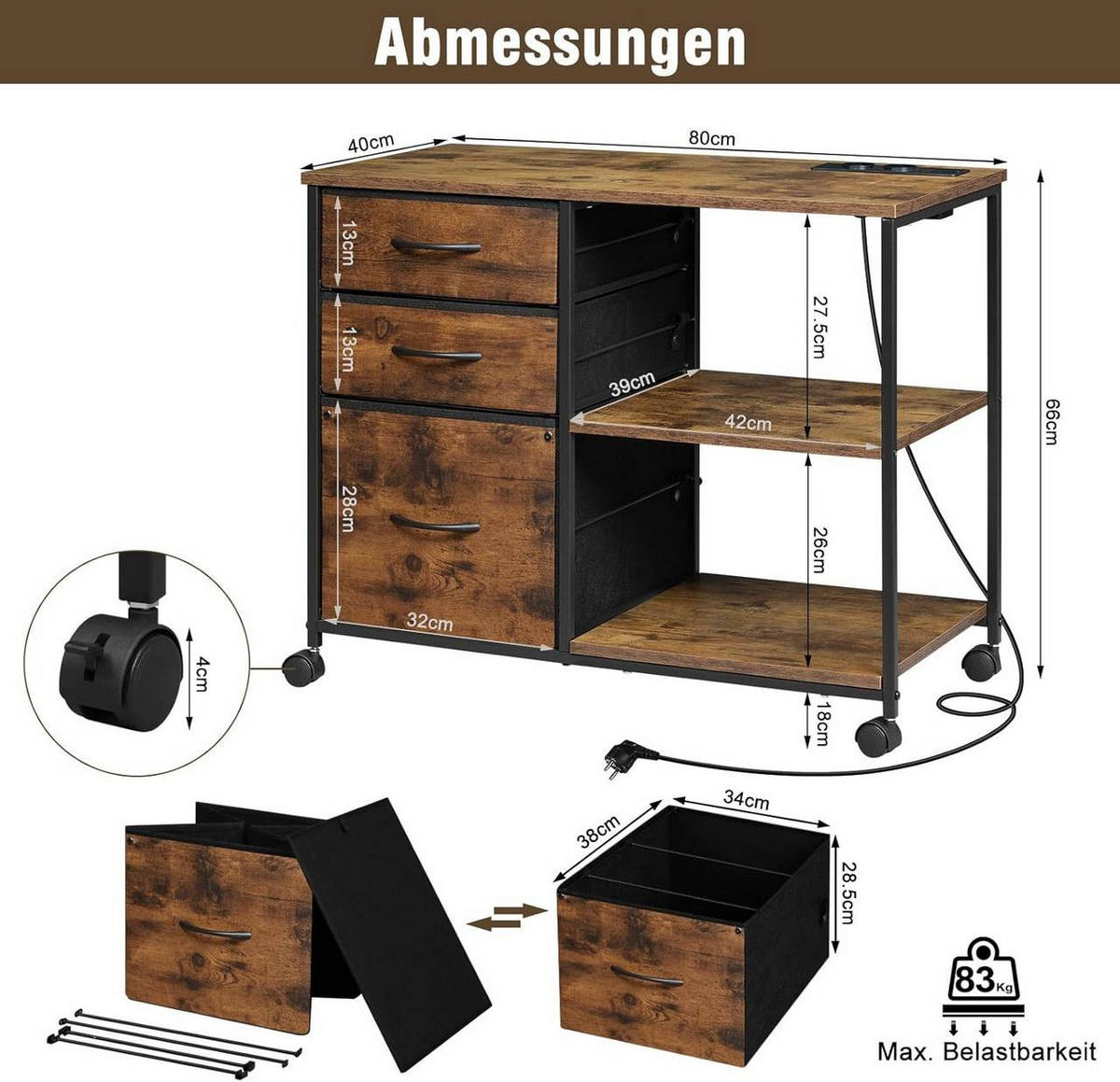 KONSOLENTISCH mit Ladestation,mit Rolle, Vintagebraun - Dunkelbraun/Schwarz, Holzwerkstoff/Textil (40/80/66cm) - Woltu