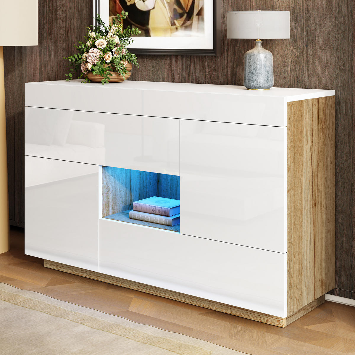 SIDEBOARD mit 2 Schubladen, Türen und offenem Fach, Hochglanz mit Holzoptik, integrierter 16-Farben-LED-Streifen, Spanplatte, 120/37/76,5 cm, Weiß - Weiß, Holzwerkstoff (120/37/76.5cm) - Redom