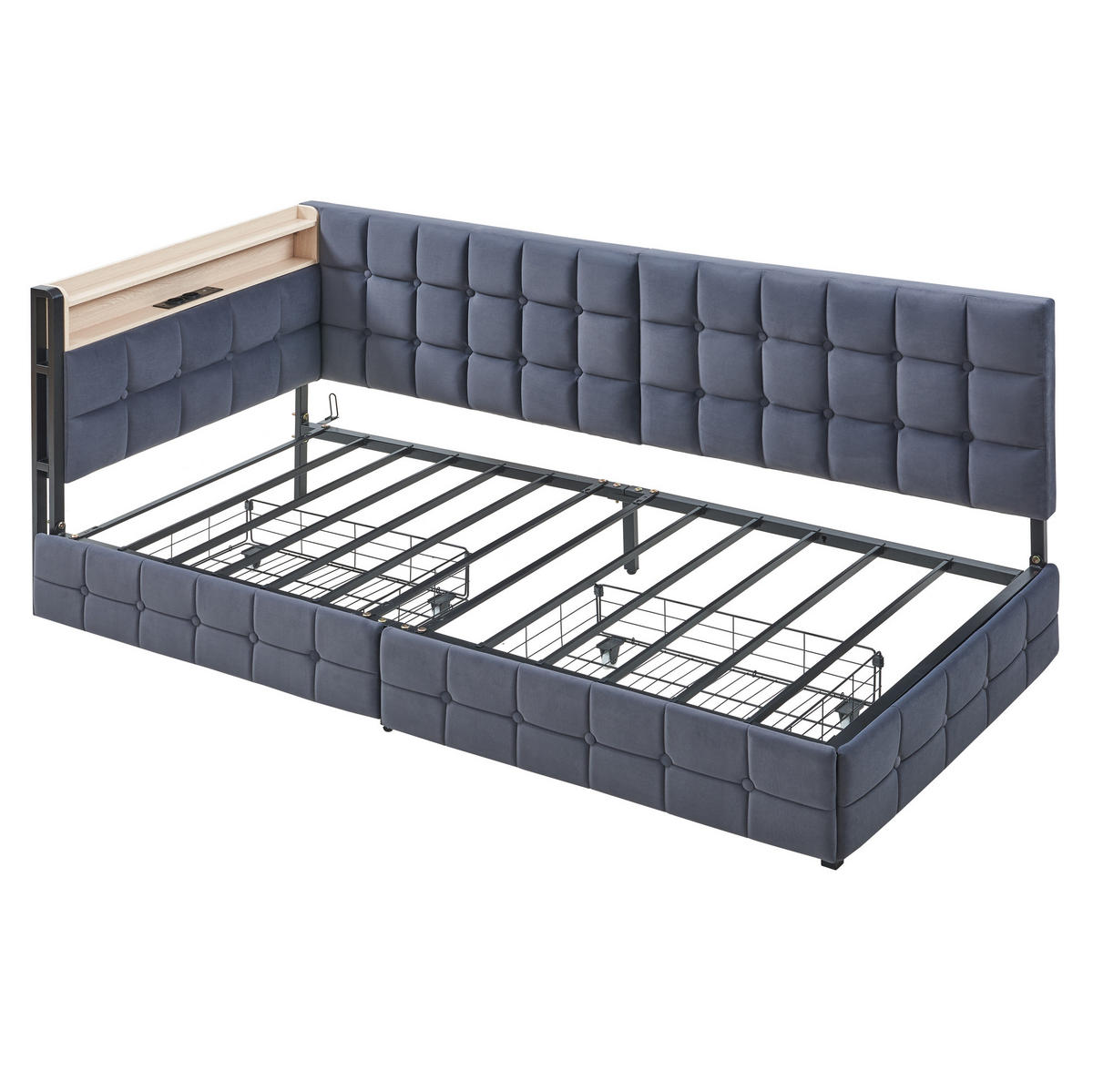 POLSTERBETT 90/200 cm grau mit 2 Schubladen und LED-Lampe - Dunkelgrau, Textil (90/200cm) - OKWISH