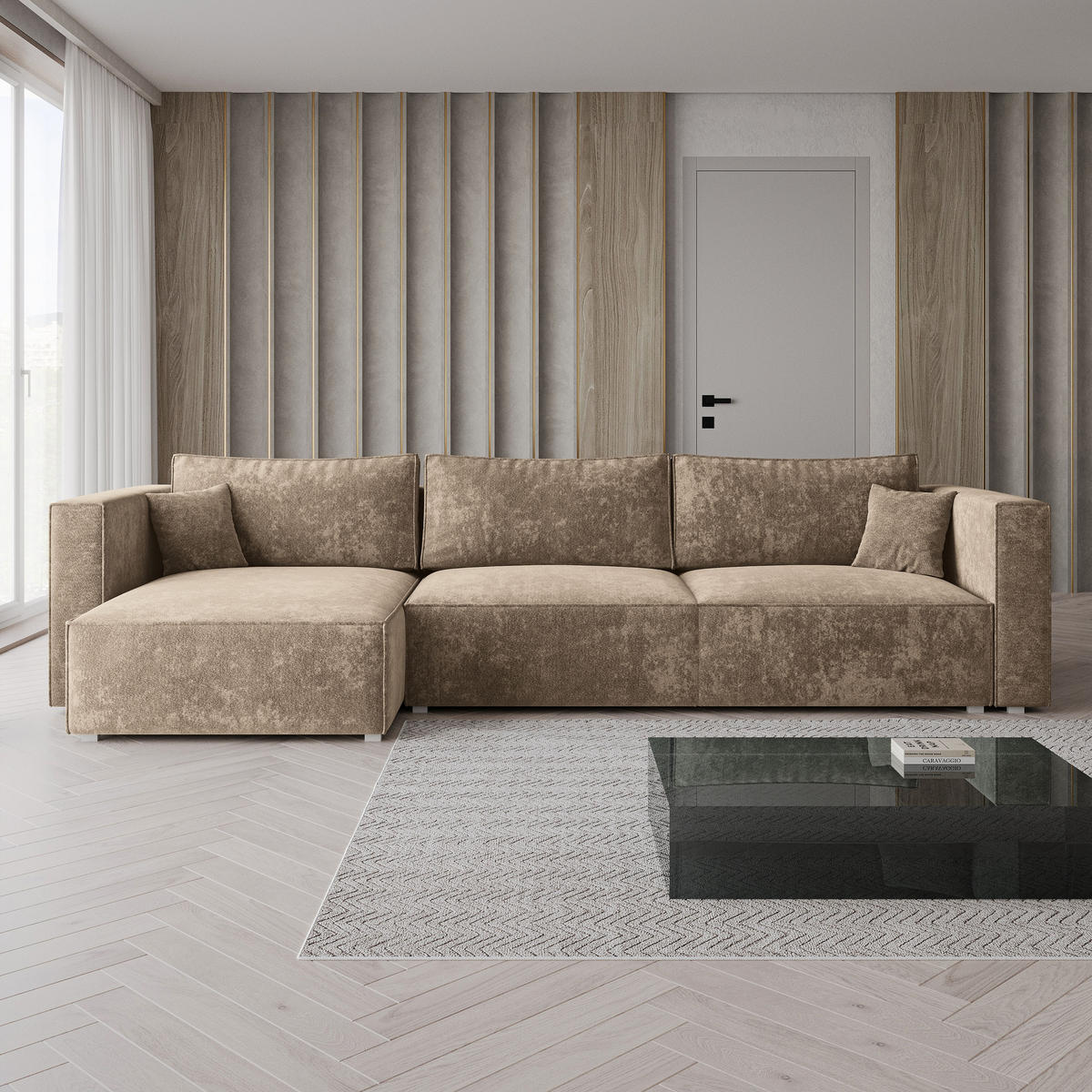 ROHOVÁ Sedačka TOLMO LUMO 30, Béžová - šedá/béžová, dřevo/textil (347/148cm) - MASSENO