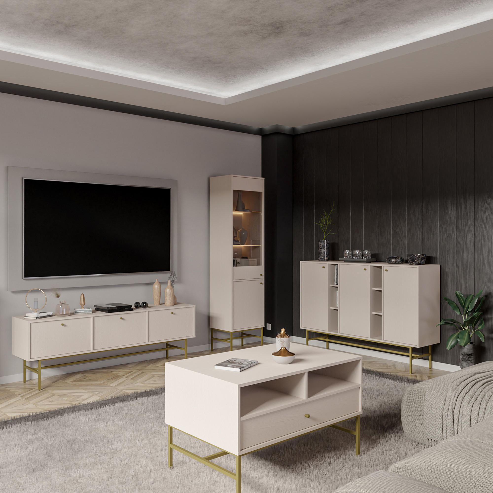 KOMMODE FLOREN, Creme/Gold - Creme, Holzwerkstoff/Metall (157.7/107.5/40.8cm) - KONSIMO®
