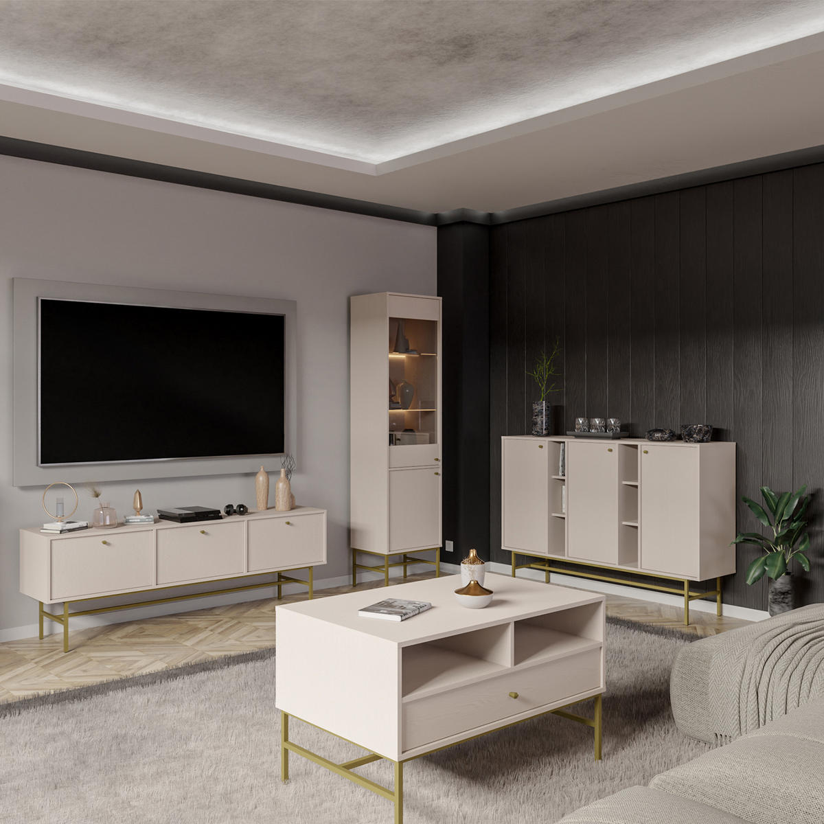 KOMMODE FLOREN, Creme/Gold - Creme, Holzwerkstoff/Metall (157.7/107.5/40.8cm) - KONSIMO®