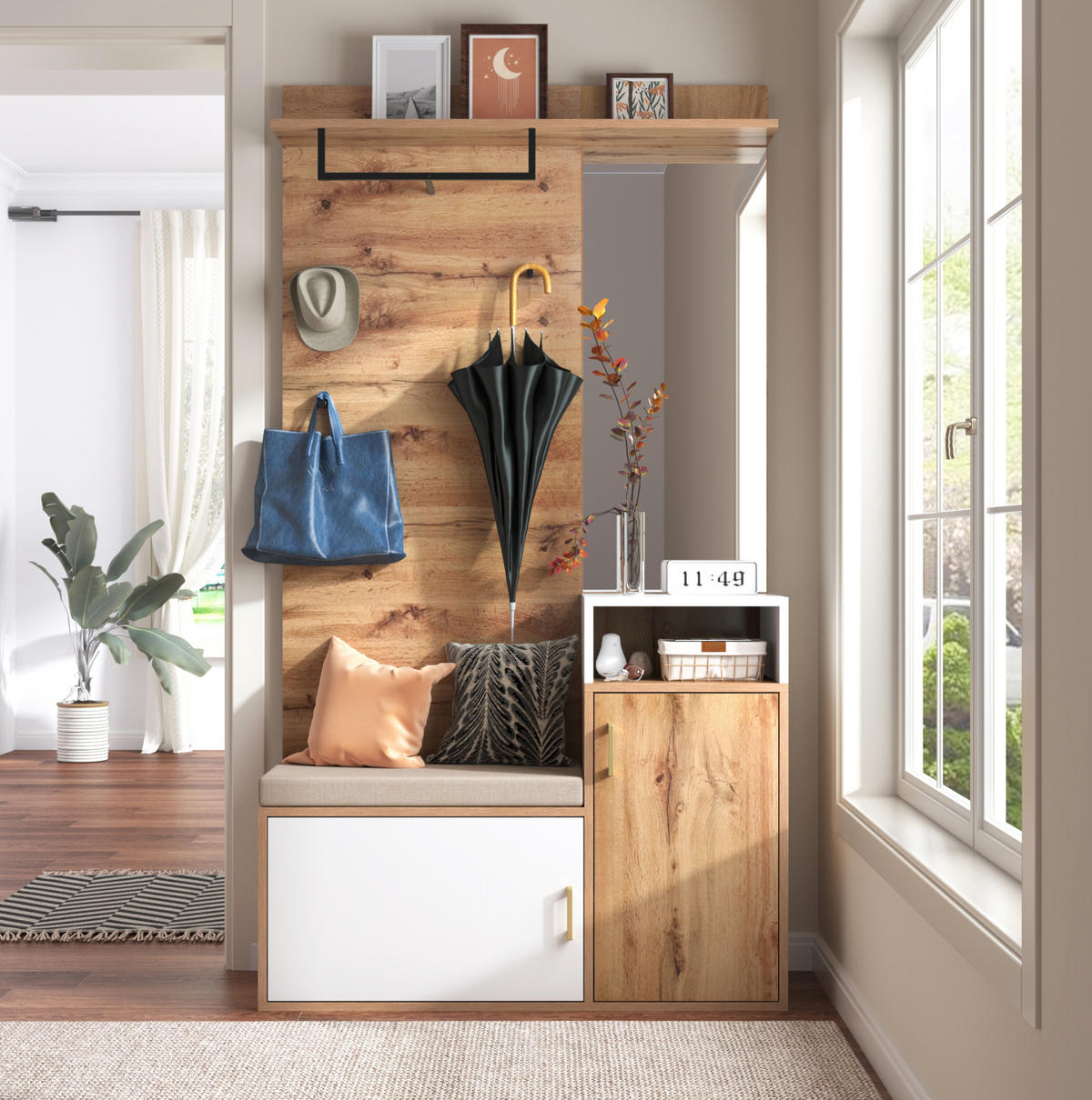 GARDEROBENSET 105/40/190,5 cm aus MDF und Spanplatte mit Spiegel und Sitzbank Weiß/Holzfarben - Weiß, Holzwerkstoff (105/190.5/40cm) - Modenvie
