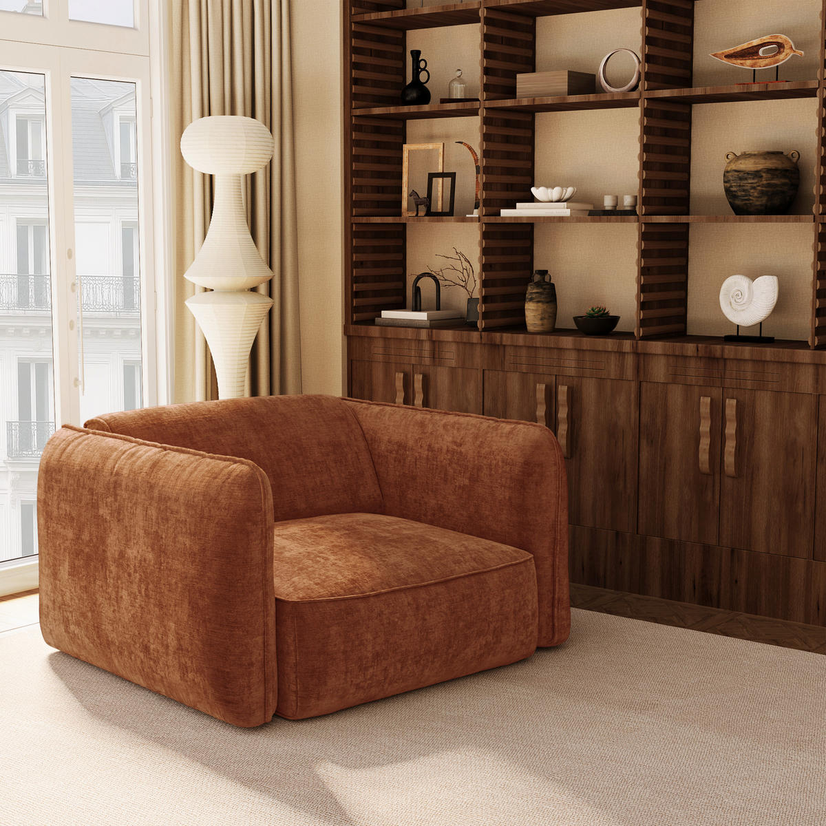 SESSEL LOMI Geprägter Samt Terrakotta 118cm - Dunkelorange/Terracotta, Textil (118/76/102cm) - Premium Interiors