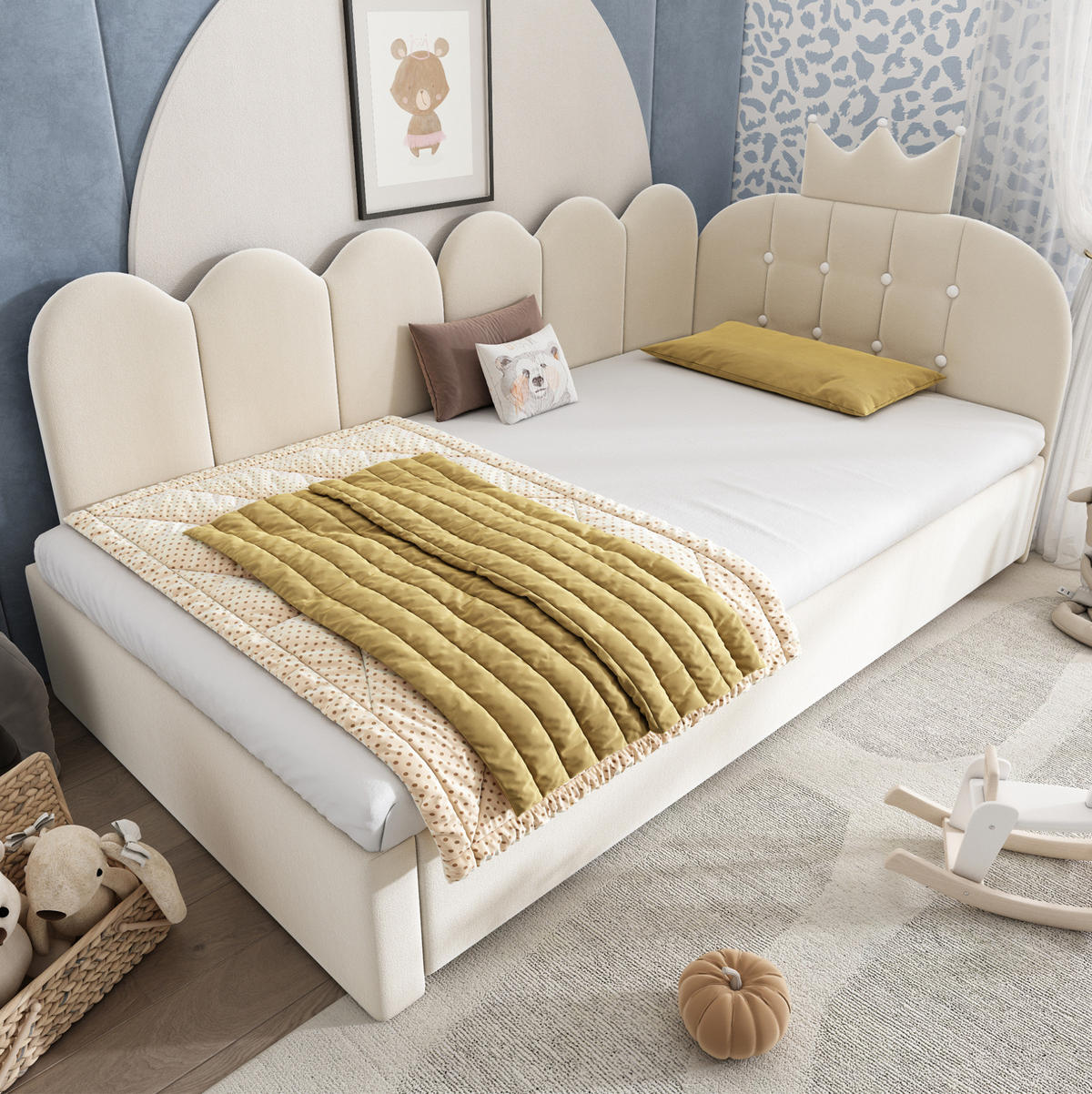 DETSKÁ posteľ 90/200 cm béžová s výsuvným lôžkom v tvare L zo zamatu - béžová, textil (90/200cm) - OKWISH