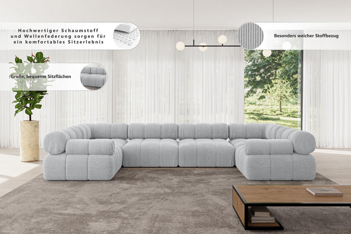 WOHNLANDSCHAFT modulares Sofa Birno-U2 - 380x190x70 cm Beige Cord - Beige, Holzwerkstoff/Textil (380/70/190cm) - ALTDECOR