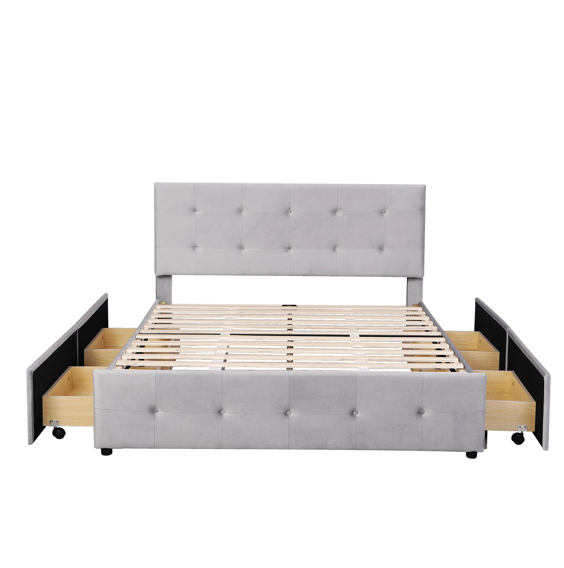 Modfu ČALOUNĚNÁ postel ze sametové tkaniny 140x200 cm šedá se 4 zásuvkami, lamelovým roštem a čelem