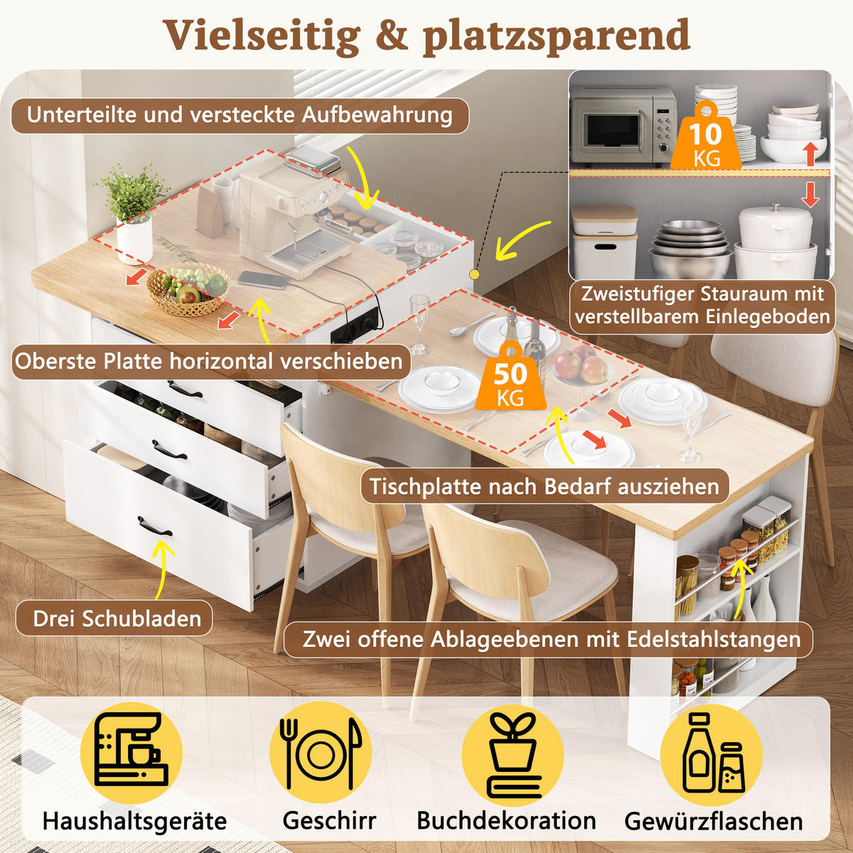 KÜCHENINSEL 125,5×71×93 cm aus MDF mit LED & USB-Ladestation, weiß - Weiß, Holzwerkstoff (71/93/125.5cm) - Luhomfu