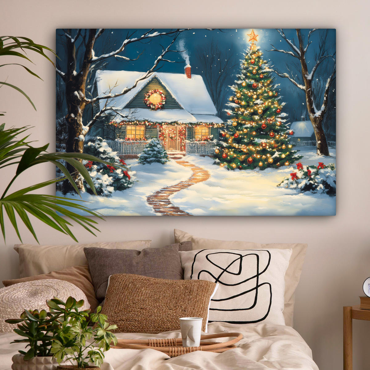 LEINWANDBILD Weihnachten - Weihnachtsbaum - Winter - Zuhause - Schnee Wohnzimmer Groß 120x80 cm - Smaragdgrün, Textil (120/80cm) - MuchoWow