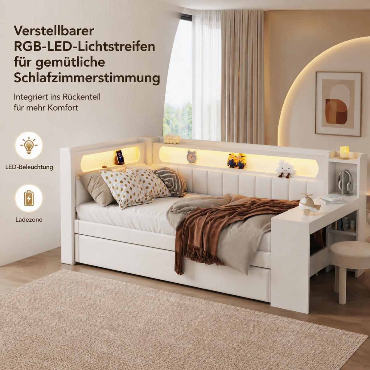 POLSTERBETT Kinder 90/200 cm aus MDF, Sperrholz und Leinen mit USB, LED-Beleuchtung, Ausziehbett und Schreibtisch Weiß - Weiß, Holzwerkstoff (90/200cm) - Modenvie