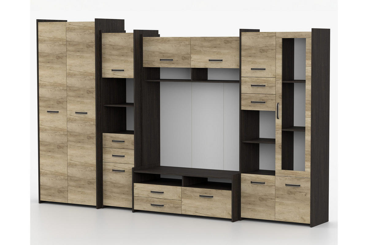 WOHNWAND MAURO S 310 cm in Eiche Canterbury / Eiche Country Grey - Eichefarben, Holzwerkstoff (310/200/53cm) - Deine Möbel 24