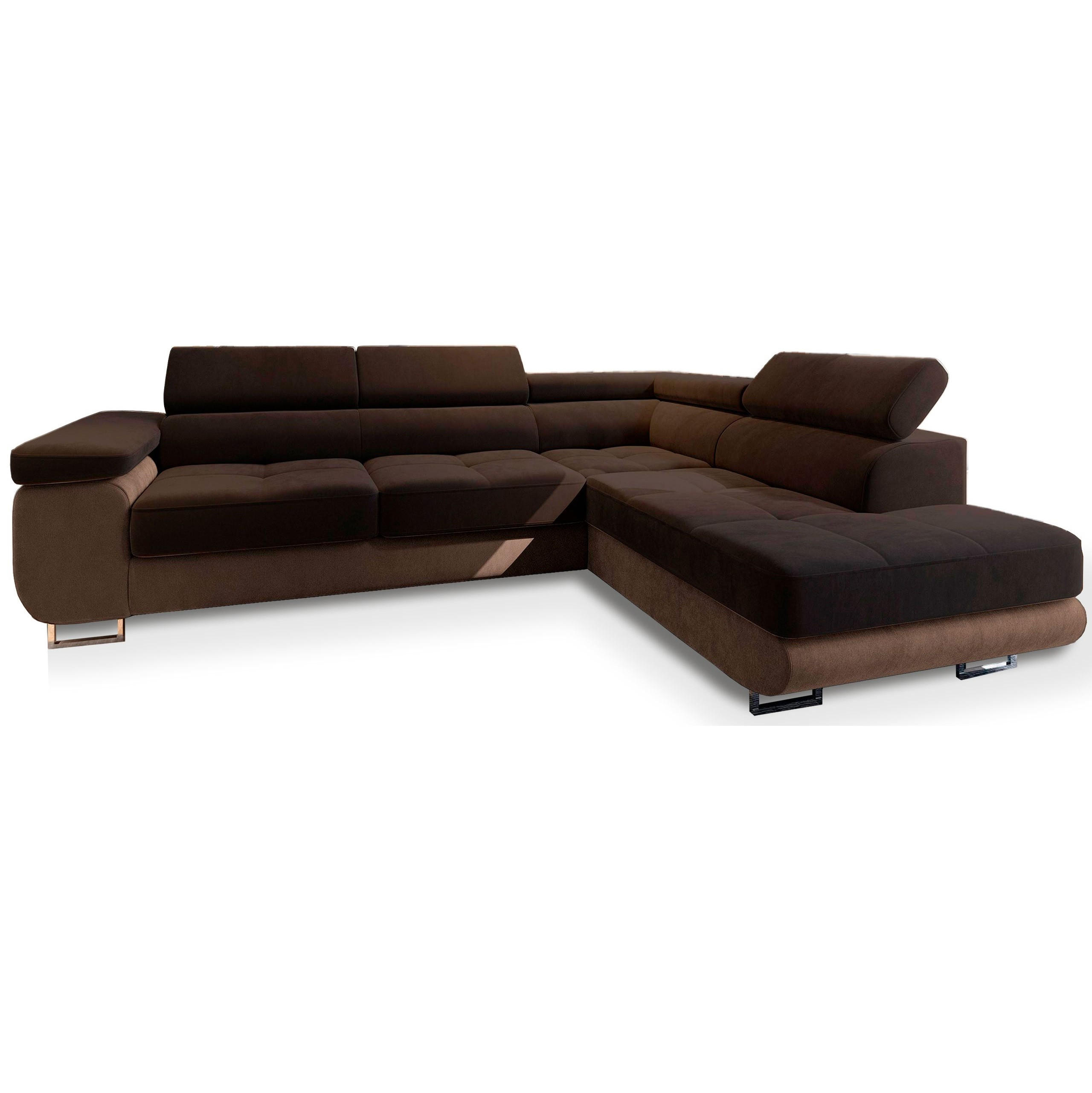 ECKSOFA SELVA R-S Braun Velours-Stoff mit Schlaffunktion - Braun, Holz (275/202cm) - MASSENO
