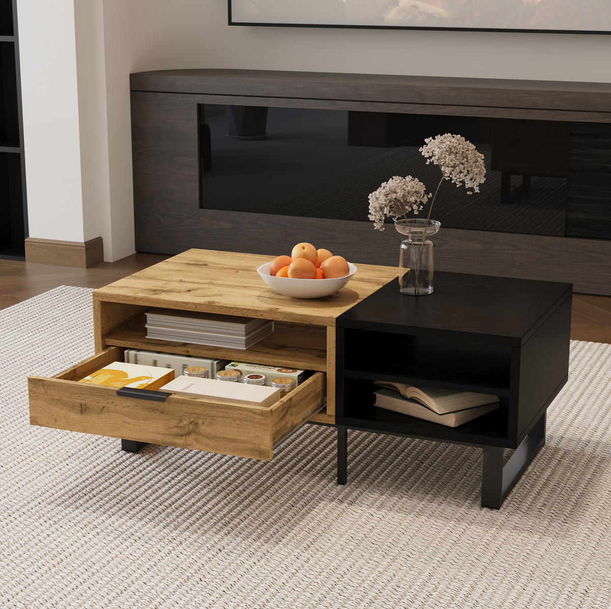 COUCHTISCH 100/50 cm mit 3 offenen Fächern und Schublade - Naturfarben, Holzwerkstoff (100/50/40cm) - BEAOK