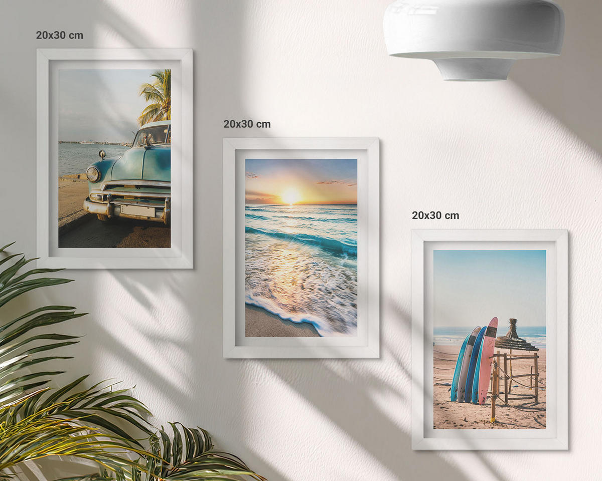 BILDER SET 3er Set - 20x30 cm Weißer Rahmen - Sonnenuntergangsurlaub in Miami - Weiß, Kunststoff (20/30cm) - TULUP