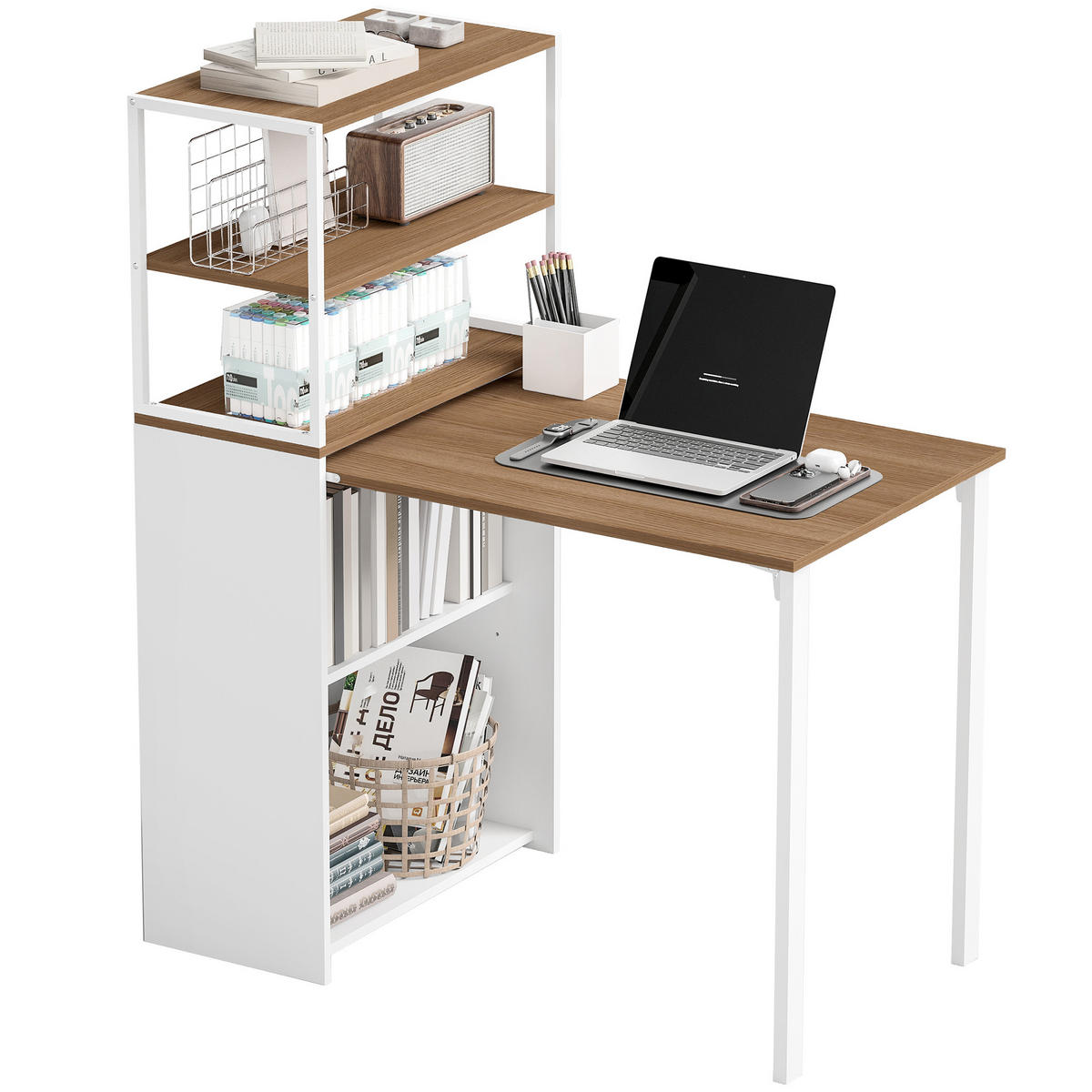 ECKSCHREIBTISCH DE-09135 mit 4 Regalfächern, klappbar Naturholz - Naturfarben, Metall (105/60/127cm) - ComfortXL