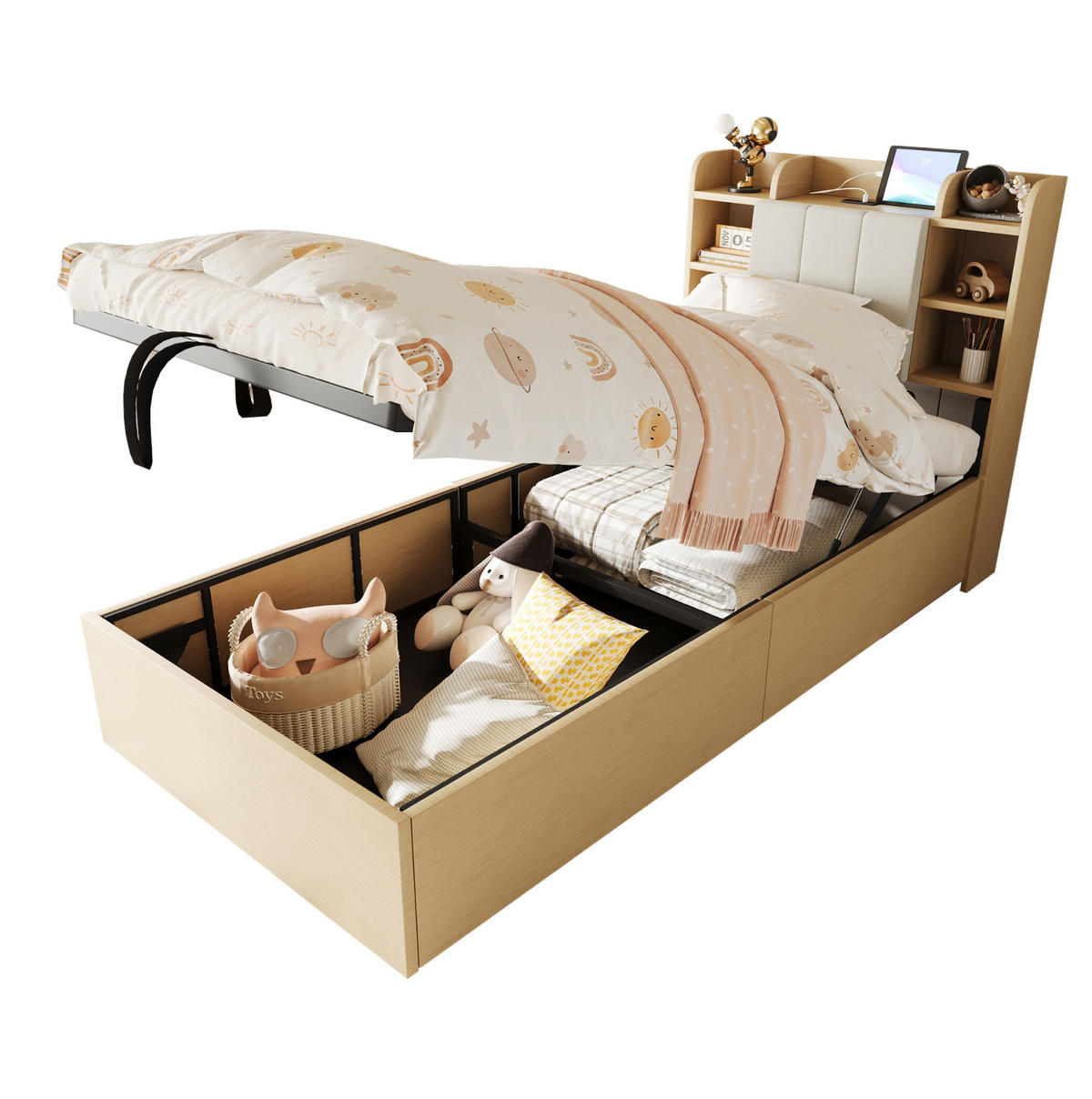 BETT aus MDF 90x200 cm Holzfarbe/Grau mit hydraulischem Stauraum, USB- und Type-C-Anschluss, Kopfteil mit Ablagen - Naturfarben, Holzwerkstoff (90/200cm) - Modfu