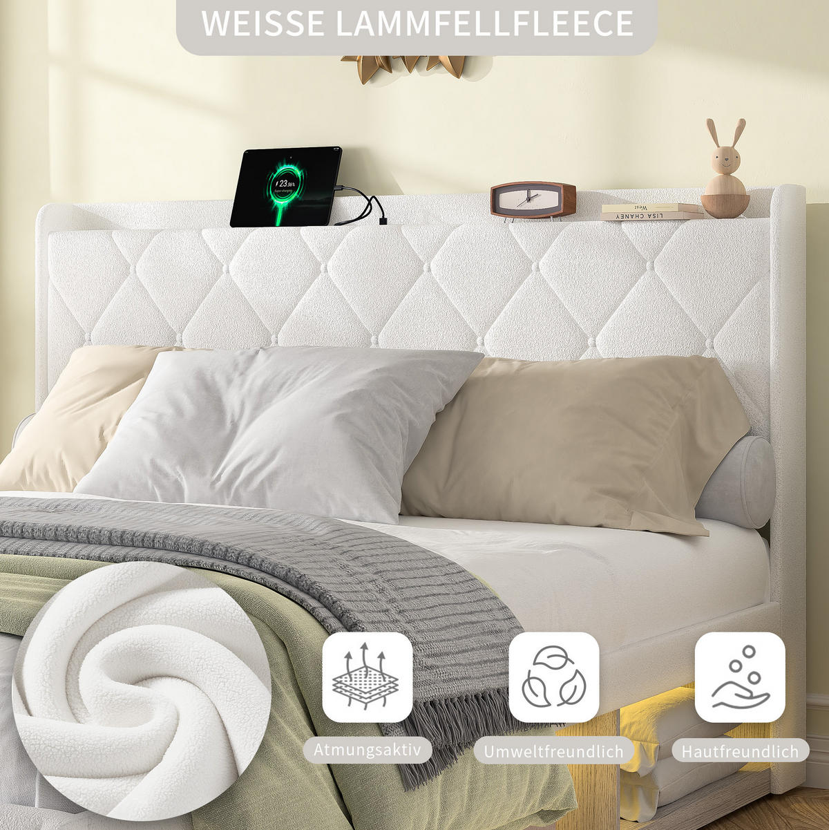 POLSTERBETT 140/200 cm mit LED-Beleuchtung, USB-Ladefunktion und Stauraum, Weiß - Weiß, Textil (140/200cm) - Redom