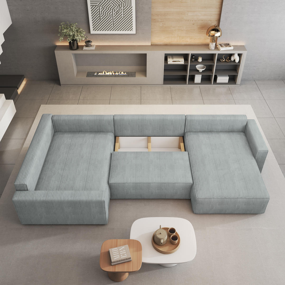 WOHNLANDSCHAFT VELAMI L-S Beige Kordstoff mit Schlaffunktion - Beige, Holz (365/83/194cm) - MASSENO