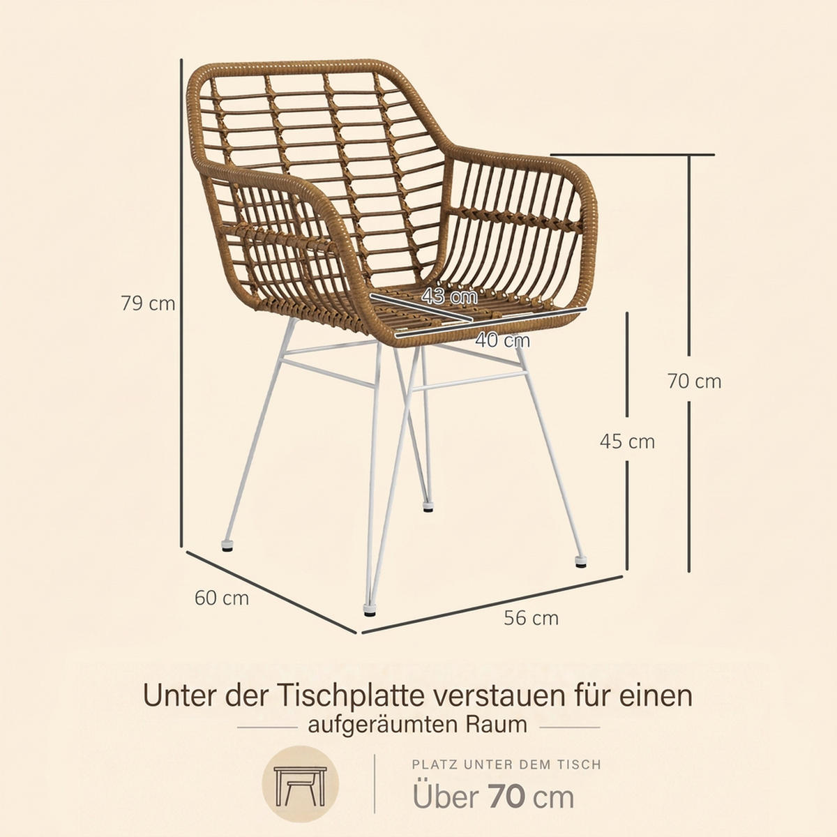 ESSZIMMERSTÜHLE 2er Set Essstuhl mit Rückenlehne Küchenstühle mit Rattenoptik - Hellbraun, Kunststoff (60/79/56cm) - HOMCOM