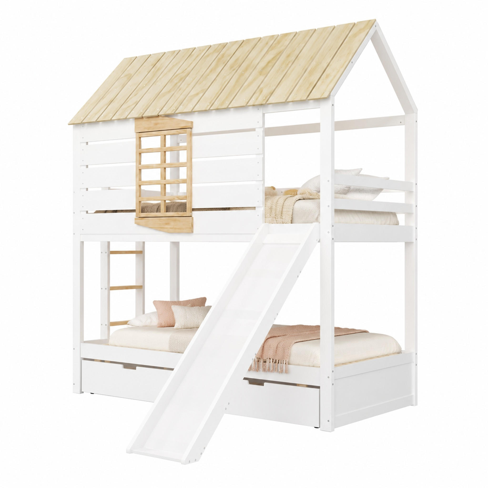 ETAGENBETT in Hausform mit Rutsche 90x200 cm Weiß/Natur mit 2 Schubladen - Weiß, Holz (90/200cm) - Meubliv
