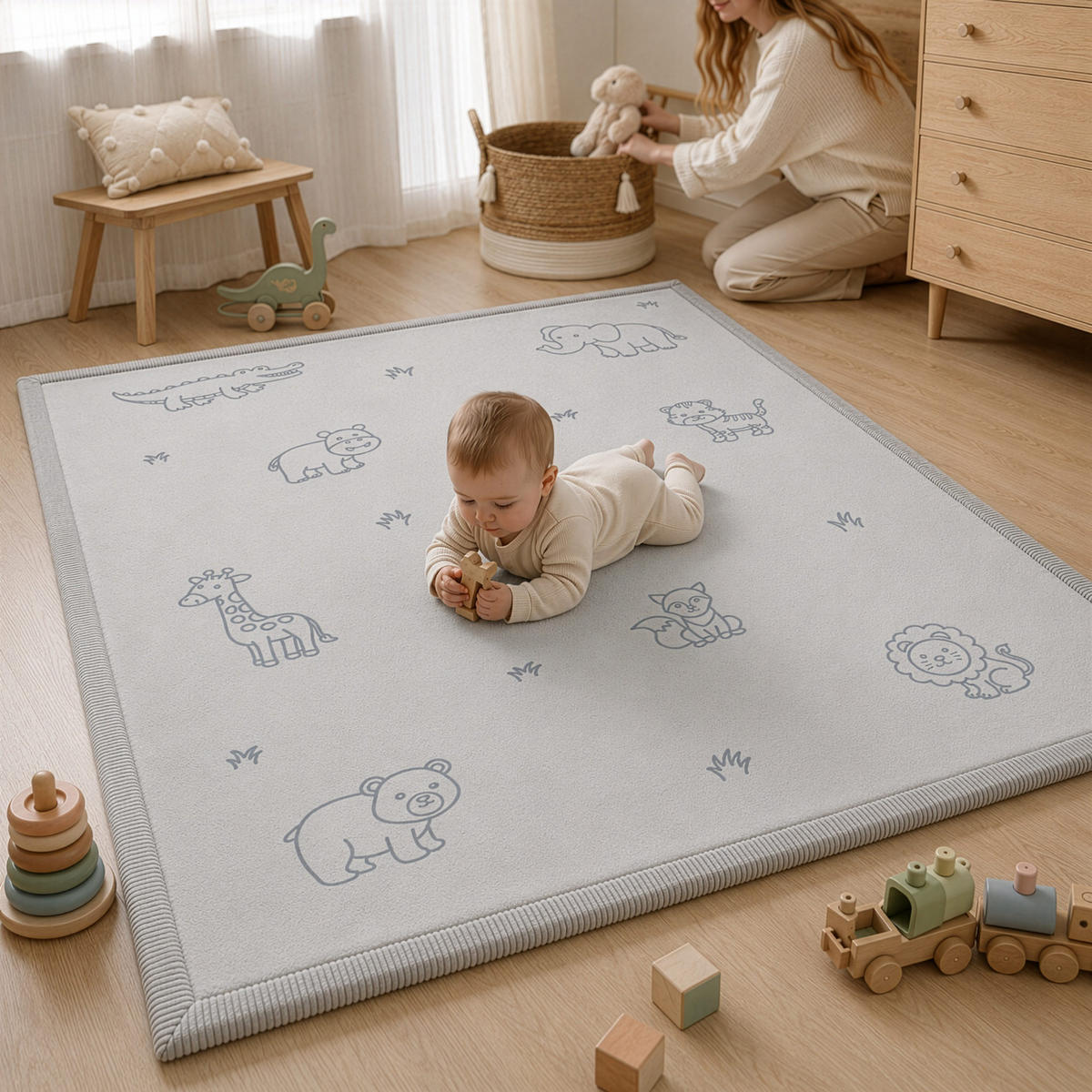 KRABBELTEPPICH samtweich und kuschelig "Zoo" 120x170cm - Grau, Textil (120/170cm) - Sanosoft